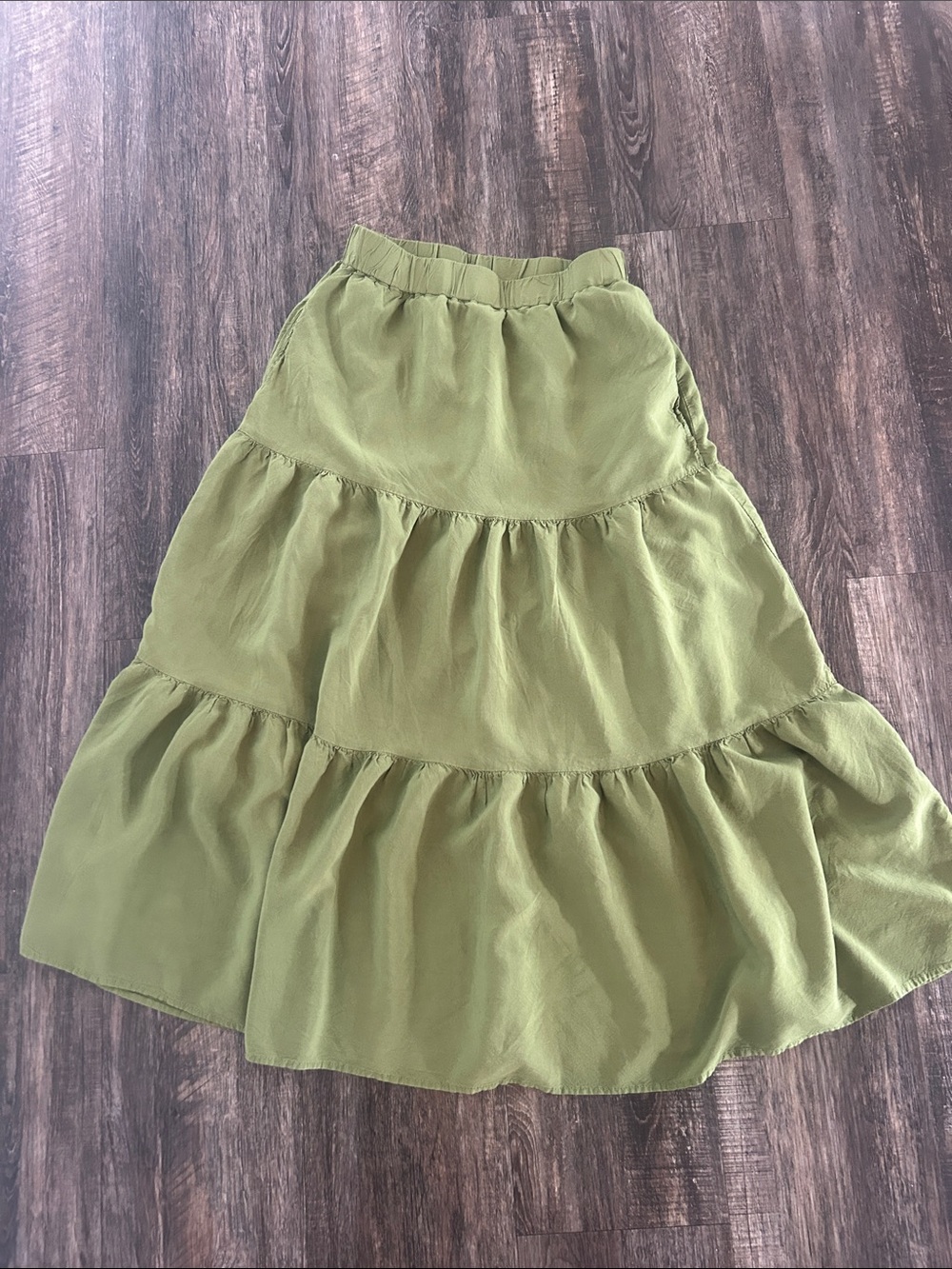 Women's Olive Green Tiered Maxi Skirt with Elastic Waist & pockets